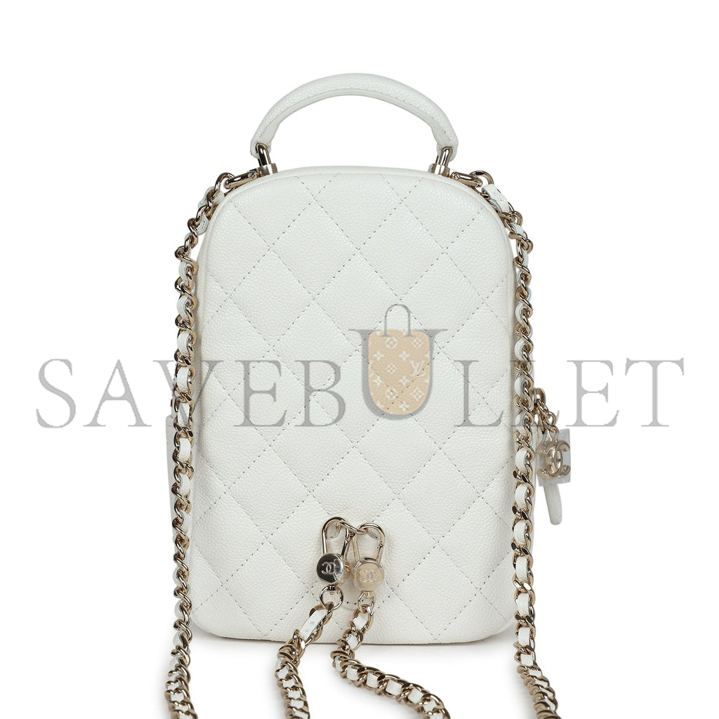 CHANEL MINI PHONE HOLDER BACKPACK WHITE CAVIAR LIGHT GOLD HARDWARE AP3753 (18*13*9cm)